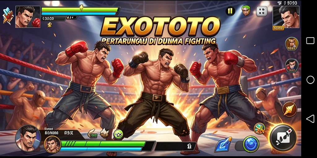Tampilan gameplay EXOTOTO dengan pertarungan mendebarkan dan karakter unik.