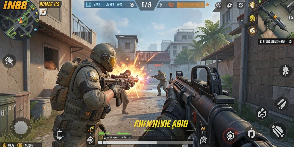 Tampilan gameplay mendebarkan dari IN88 dengan aksi tembak-menembak intens.